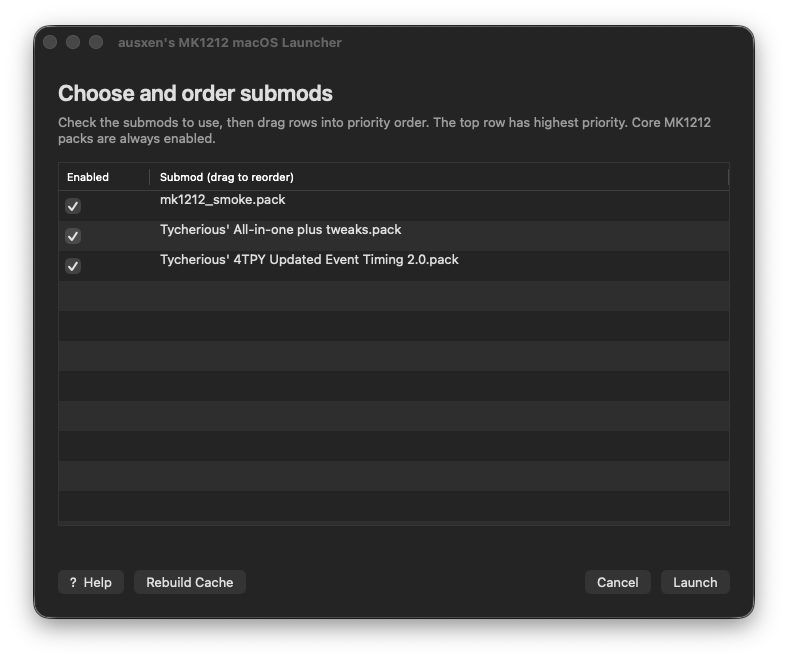 MK1212 Mac Launcher main window showing optional submods, priority ordering, Help, Rebuild Cache, and Launch controls