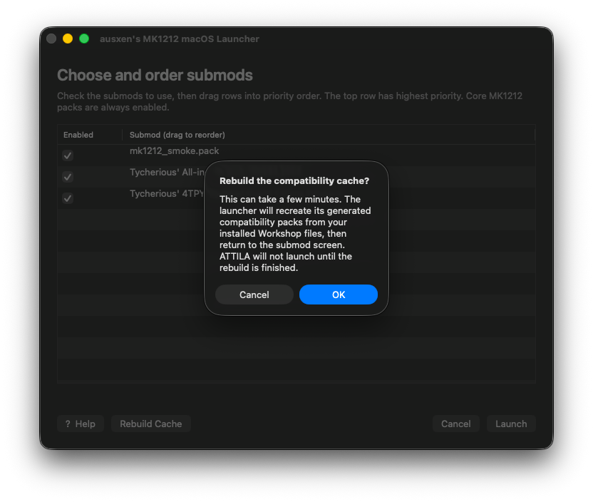 MK1212 Mac Launcher Rebuild Cache confirmation window